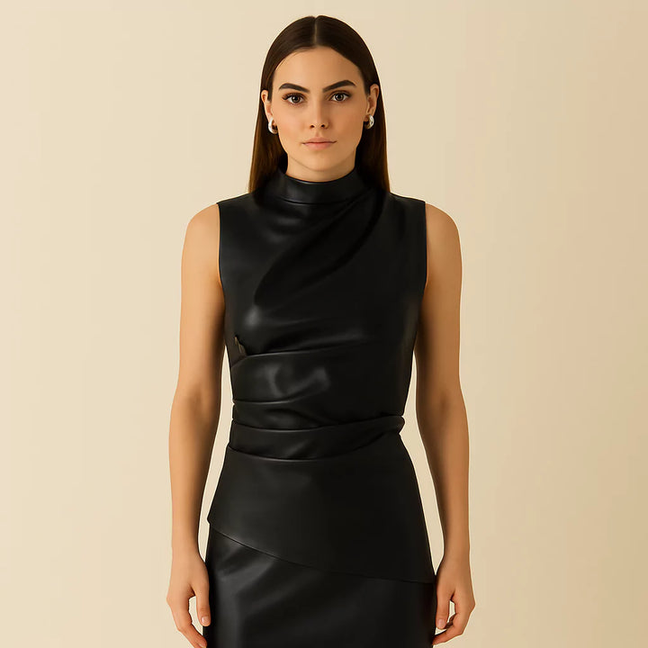 Blusa Feminina de Couro Assimétrica preta use joá