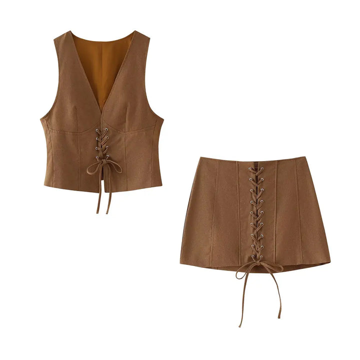 Conjunto Feminino Blusa e Saia Amarração marrom use joa clothing