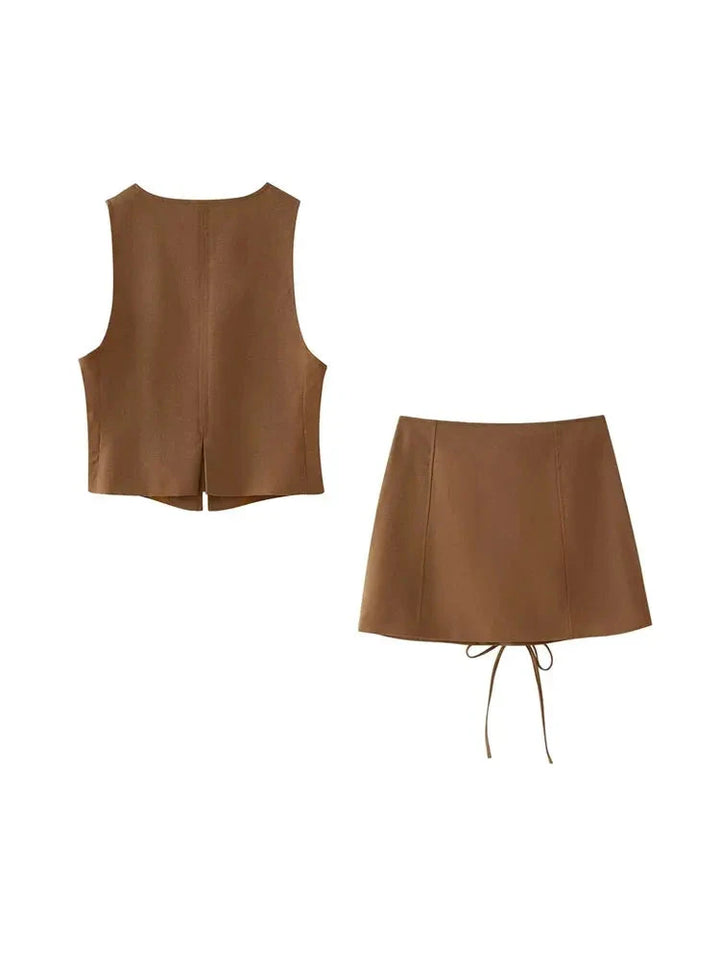 Conjunto Feminino Blusa e Saia Amarração marrom use joa clothing