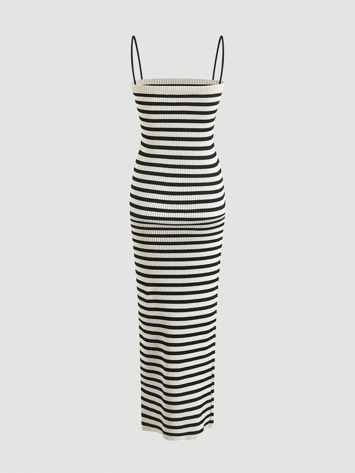 Vestido Midi de Tricô P&B Listrado preto e branco use joá clothing