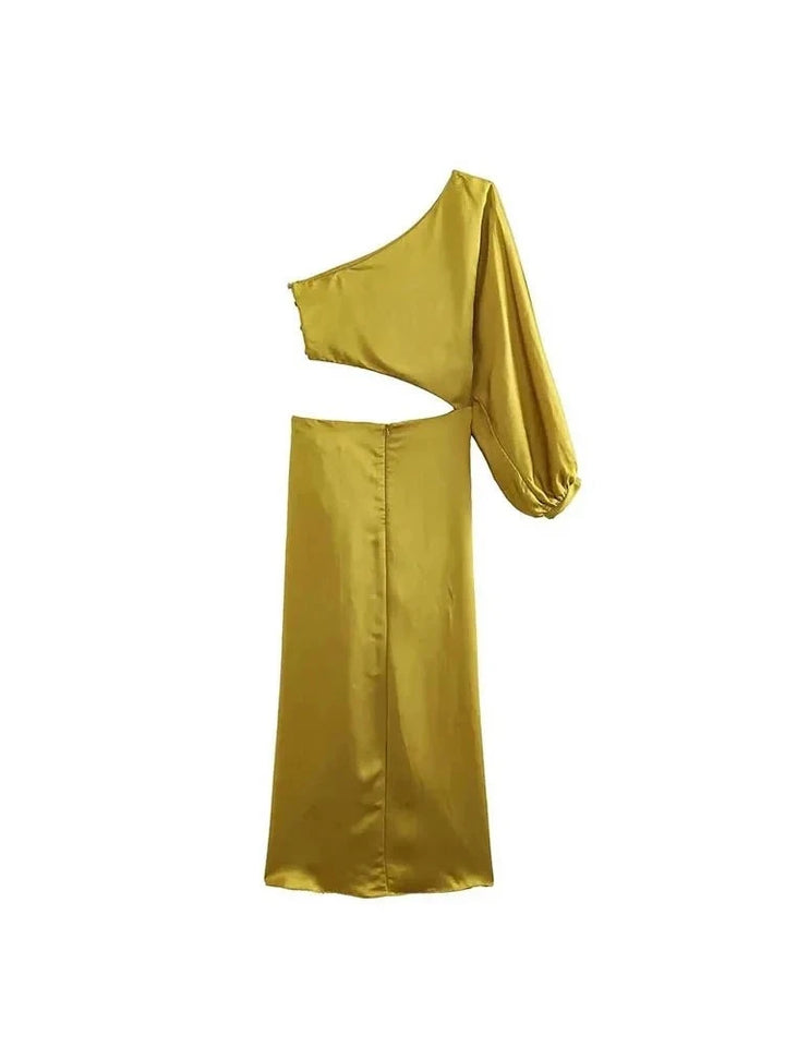 Vestido Midi Recorte e Fenda Frontal Mostarda Use Joá Clothing