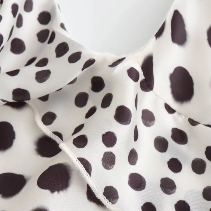 Vestido Longo Babado Estampa Bolinha branco use joá clothing