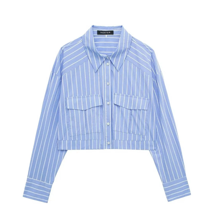 Camisa Cropped Feminina Listrada Azul Use Joá Clothing