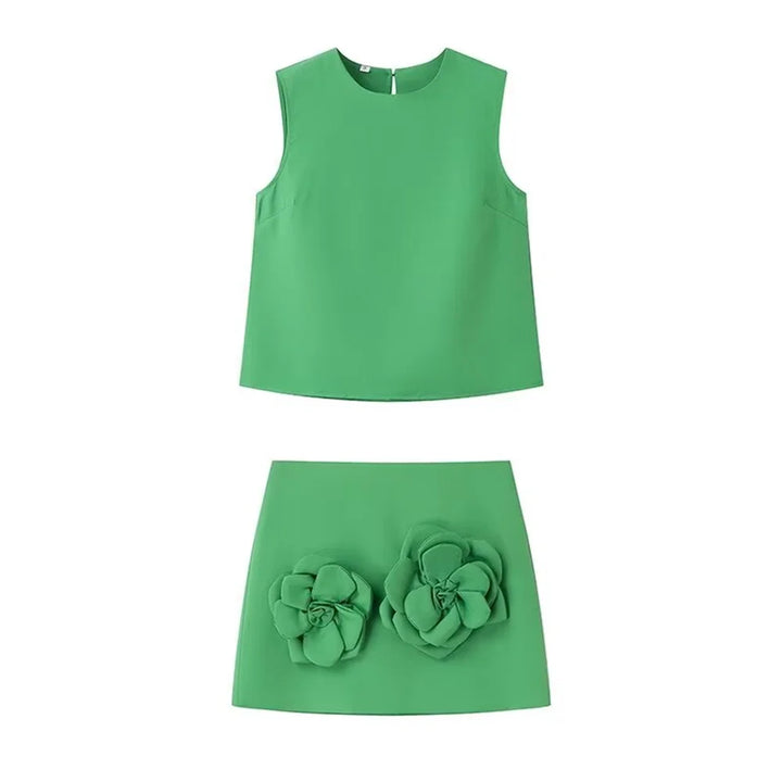 Conjunto Feminino Blusa e Saia Detalhe Flor verde use joá clothing