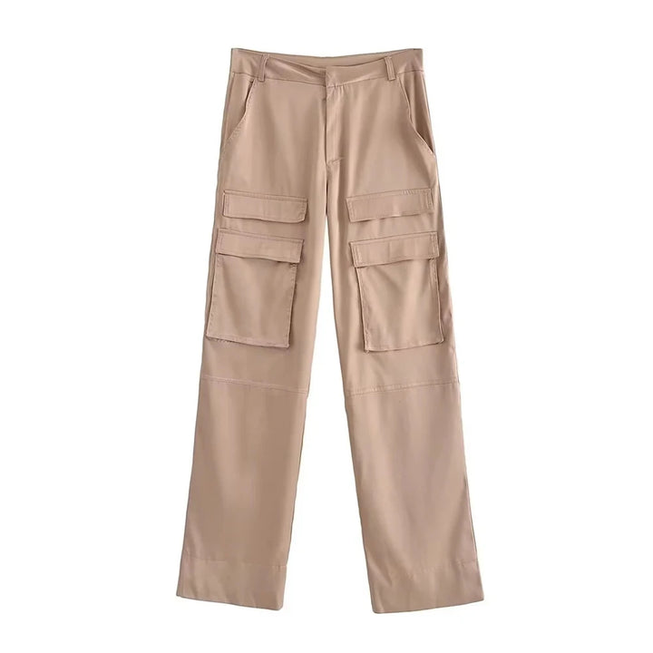 Calça Cargo Feminina Acetinada Cintura Alta Bege Use Joá Clothing