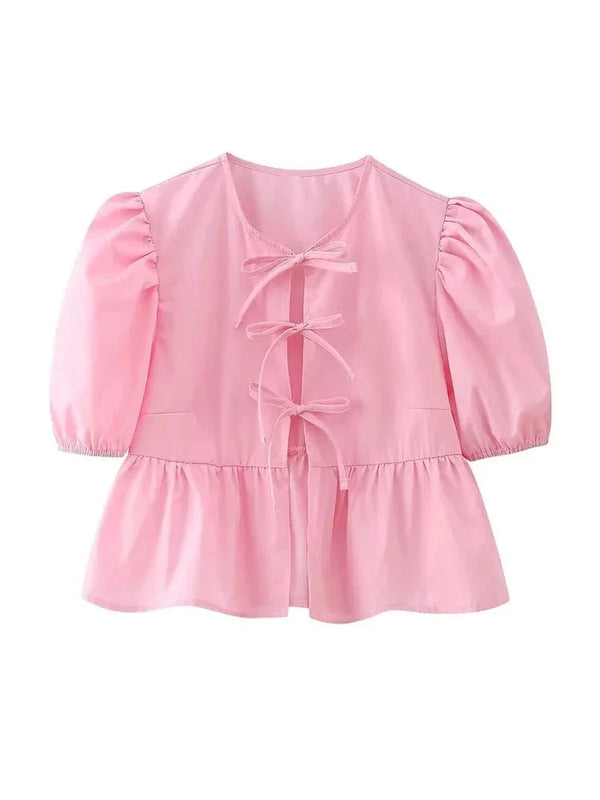 Blusa Feminina com Manga Puff e Laço Frontal Rosa Use Joá Clothing