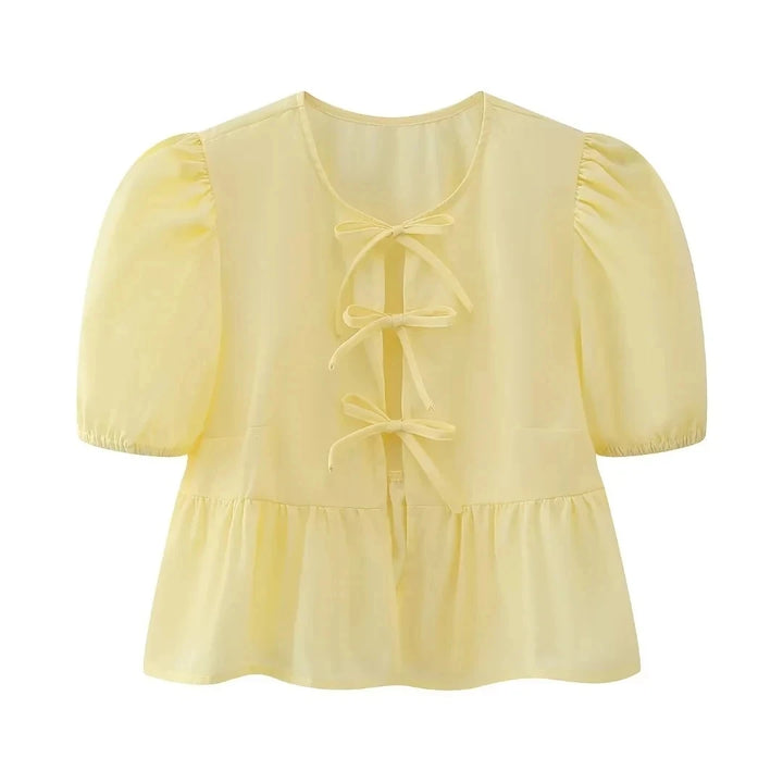 Blusa Feminina com Manga Puff e Laço Frontal Amarelo Use Joá Clothing