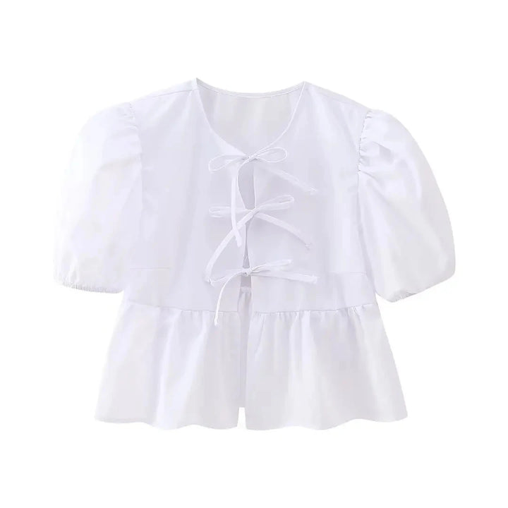 Blusa Feminina com Manga Puff e Laço Frontal Branco Use Joá Clothing