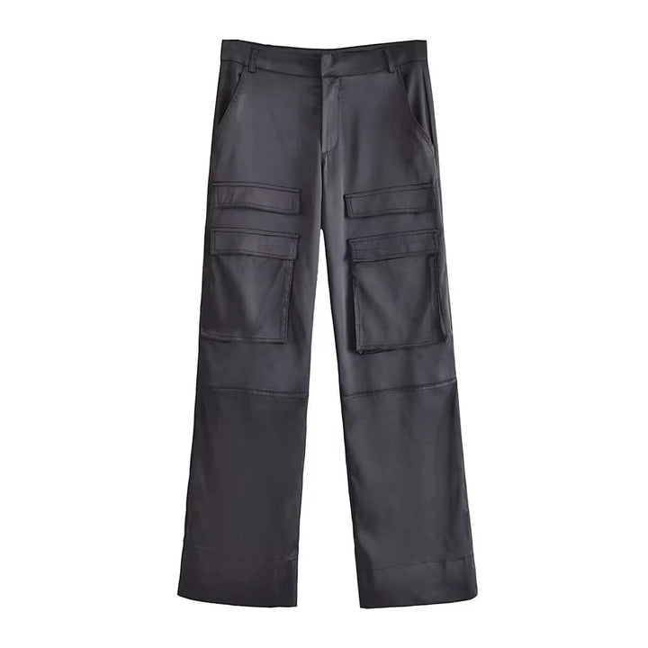 Calça Cargo Feminina Acetinada Cintura Alta Preto Use Joá Clothing