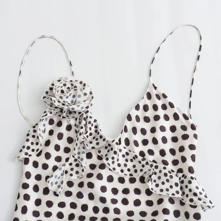 Vestido Longo Babado Estampa Bolinha branco use joá clothing