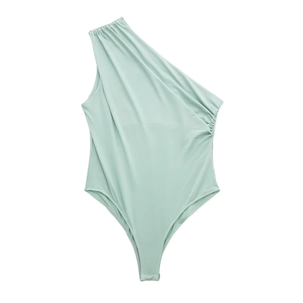 Body Feminino Liso Assimétrico Um Ombro Verde Água Use Joá Clothing