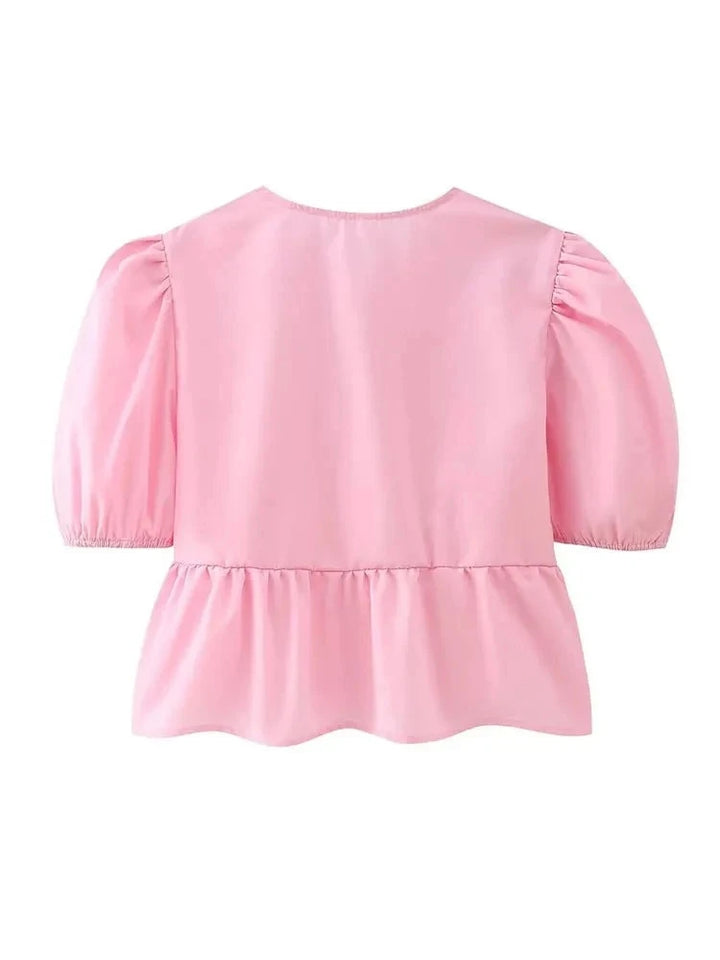 Blusa Feminina com Manga Puff e Laço Frontal Rosa Use Joá Clothing