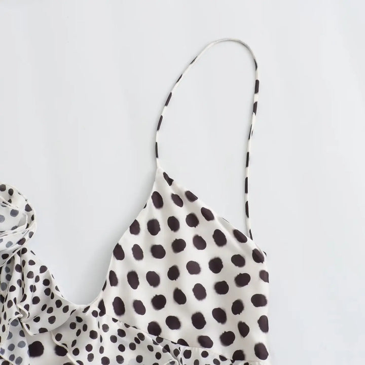 Vestido Longo Babado Estampa Bolinha branco use joá clothing