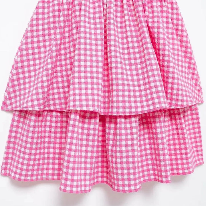 Vestido Curto Xadrez Babado rosa use joa clothing5