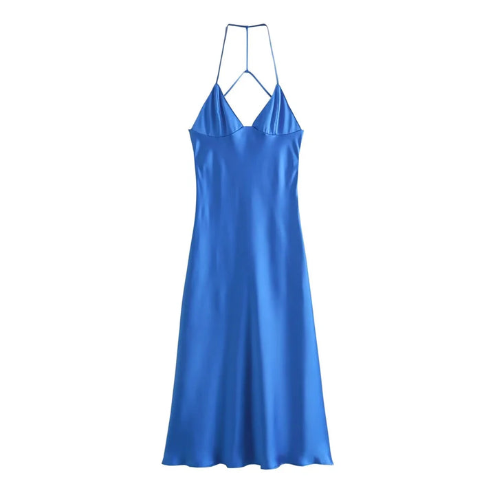 Vestido Longo Feminino Acetinado azul use joa clothing