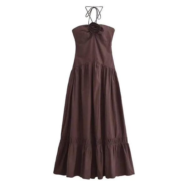 Vestido Longo com Flor Frontal marrom use joa clothing
