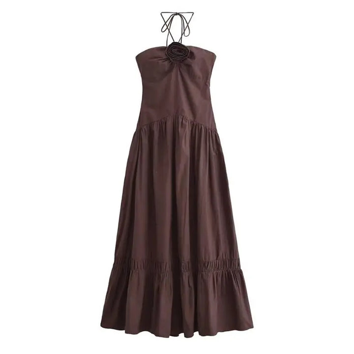Vestido Longo com Flor Frontal marrom use joa clothing