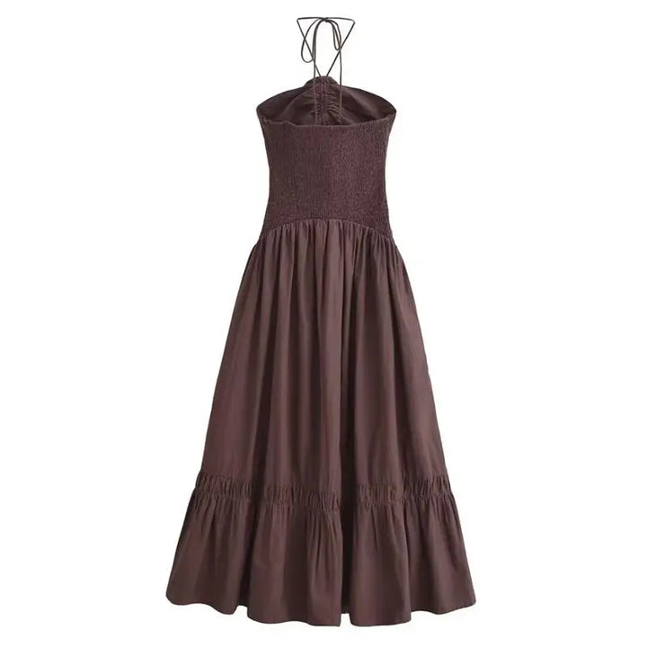 Vestido Longo com Flor Frontal marrom use joa clothing1