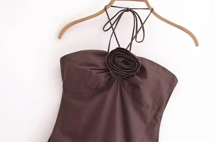 Vestido Longo com Flor Frontal marrom use joa clothing2