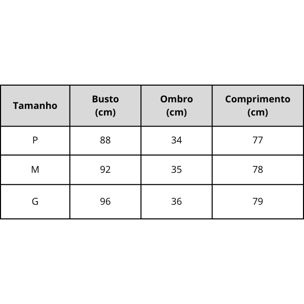 Colete Feminino com Abertura Lateral Tabela de Medidas Use Joá Clothing