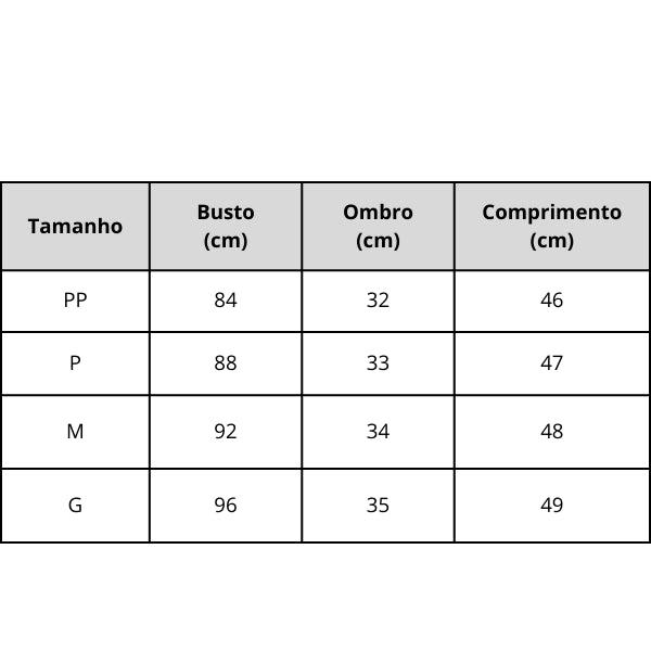 Colete Feminino com Amarração Frontal Tabela de Medidas Use Joá Clothing