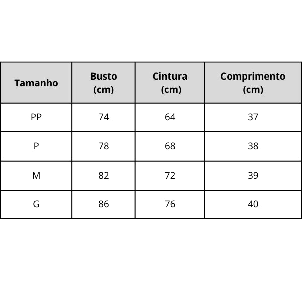 Top Feminino Tomara que Caia Couro Tabela de Medidas  Use Joá Clothing